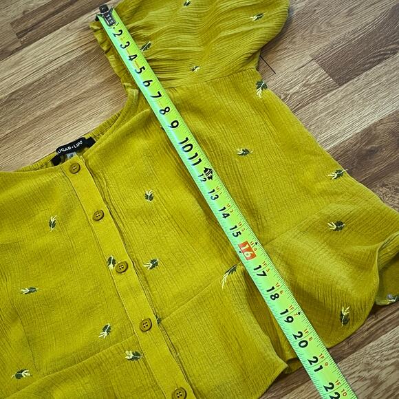 Sugar Lips Yellow Puff Sleeve Peplum Blouse Medium Embroidered Cottagecore girly - Picture 12 of 12